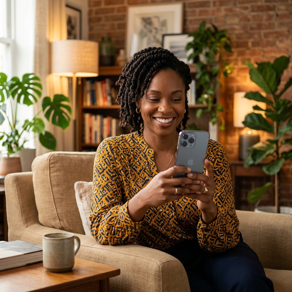 A smiling woman looking happily at her smartphone screen.